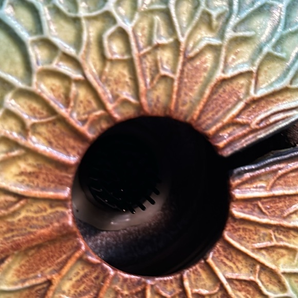 Unique Green Pottery Ikebana Lily Pad w/Copper Tone Base Signed Jonathan Bullock - Picture 3 of 6